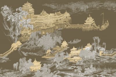 高清新中式亭台楼阁线条肌理<b>背</b><b>景</b><b>墙</b>壁画