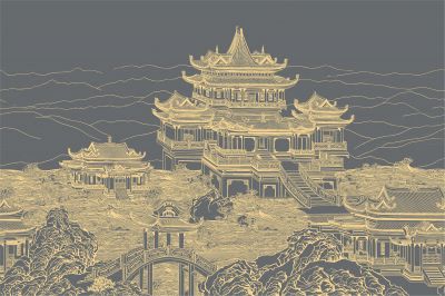 高清新中式亭台楼阁线条肌理<b>背</b><b>景</b><b>墙</b>壁画