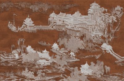 高清新中式亭台楼阁线条肌理<b>背</b><b>景</b><b>墙</b>壁画