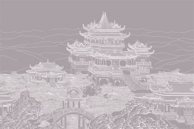 高清新中式亭台楼阁线条肌理<b>背</b><b>景</b><b>墙</b>壁画