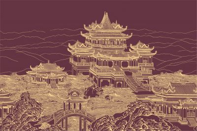 高清新中式亭台楼阁线条肌理<b>背</b><b>景</b><b>墙</b>壁画