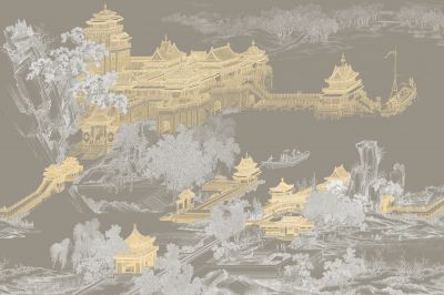 高清新中式亭台楼阁线条肌理<b>背</b><b>景</b><b>墙</b>壁画