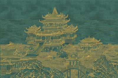 高清新中式亭台楼阁线条肌理<b>背</b><b>景</b><b>墙</b>壁画