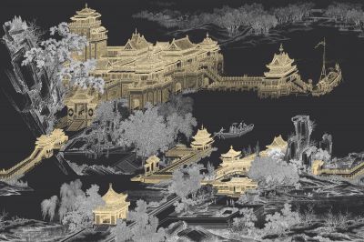 高清新中式亭台楼阁线条肌理<b>背</b><b>景</b><b>墙</b>壁画