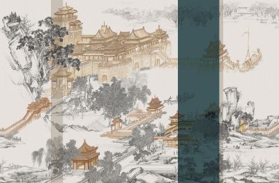 高清新中式亭台楼阁线条肌理<b>背</b><b>景</b><b>墙</b>壁画