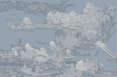 高清新中式亭台楼阁线条肌理<b>背</b><b>景</b><b>墙</b>壁画