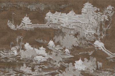 高清新中式亭台楼阁线条肌理<b>背</b><b>景</b><b>墙</b>壁画