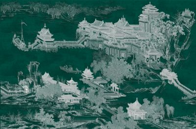 高清新中式亭台楼阁线条肌理<b>背</b><b>景</b><b>墙</b>壁画
