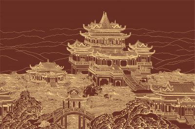 高清新中式亭台楼阁线条肌理<b>背</b><b>景</b><b>墙</b>壁画