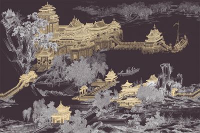 高清新中式亭台楼阁线条肌理<b>背</b><b>景</b><b>墙</b>壁画