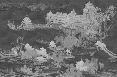 高清新中式亭台楼阁线条肌理<b>背</b><b>景</b><b>墙</b>壁画