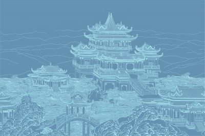 高清新中式亭台楼阁线条肌理<b>背</b><b>景</b><b>墙</b>壁画