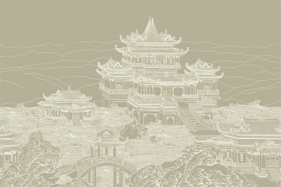 高清新中式亭台楼阁线条肌理<b>背</b><b>景</b><b>墙</b>壁画