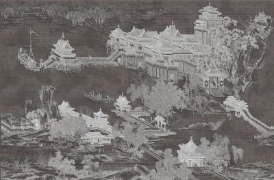 高清新中式亭台楼阁线条肌理<b>背</b><b>景</b><b>墙</b>壁画