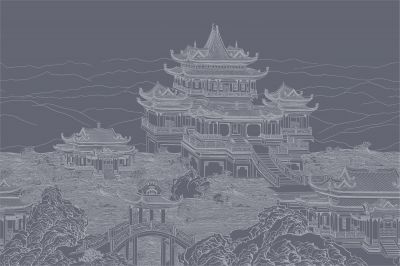 高清新中式亭台楼阁线条肌理<b>背</b><b>景</b><b>墙</b>壁画