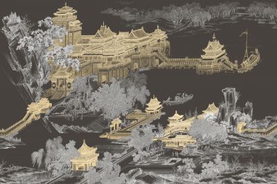 高清新中式亭台楼阁线条肌理<b>背</b><b>景</b><b>墙</b>壁画
