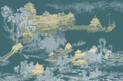 高清新中式亭台楼阁线条肌理<b>背</b><b>景</b><b>墙</b>壁画