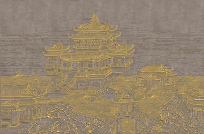 高清新中式亭台楼阁线条肌理<b>背</b><b>景</b><b>墙</b>壁画