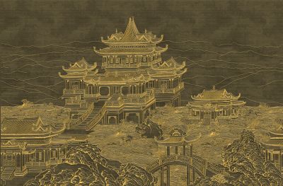 高清新中式亭台楼阁线条肌理<b>背</b><b>景</b><b>墙</b>壁画