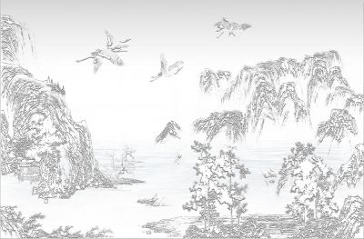 高清新中式亭台楼阁线条肌理<b>背</b><b>景</b><b>墙</b>壁画