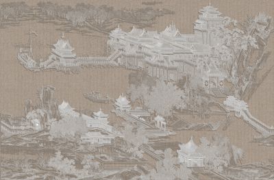 高清新中式亭台楼阁线条肌理<b>背</b><b>景</b><b>墙</b>壁画