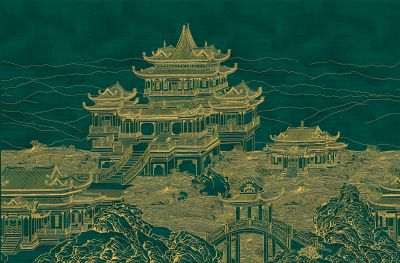 高清新中式亭台楼阁线条肌理<b>背</b><b>景</b><b>墙</b>壁画