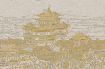 高清新中式亭台楼阁线条肌理<b>背</b><b>景</b><b>墙</b>壁画