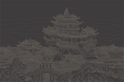 高清新中式亭台楼阁线条肌理<b>背</b><b>景</b><b>墙</b>壁画