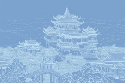 高清新中式亭台楼阁线条肌理<b>背</b><b>景</b><b>墙</b>壁画