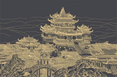 高清新中式亭台楼阁线条肌理<b>背</b><b>景</b><b>墙</b>壁画
