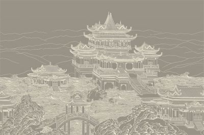高清新中式亭台楼阁线条肌理<b>背</b><b>景</b><b>墙</b>壁画