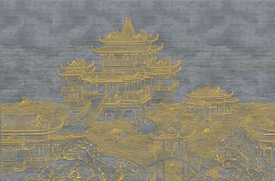 高清新中式亭台楼阁线条肌理<b>背</b><b>景</b><b>墙</b>壁画