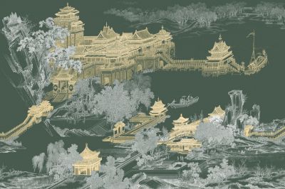 高清新中式亭台楼阁线条肌理<b>背</b><b>景</b><b>墙</b>壁画