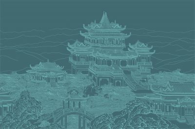 高清新中式亭台楼阁线条肌理<b>背</b><b>景</b><b>墙</b>壁画