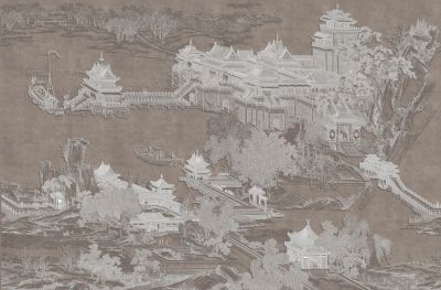 高清新中式亭台楼阁线条肌理<b>背</b><b>景</b><b>墙</b>壁画