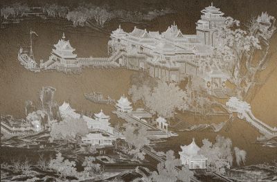 高清新中式亭台楼阁线条肌理<b>背</b><b>景</b><b>墙</b>壁画