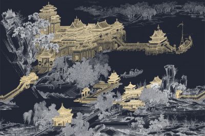 高清新中式亭台楼阁线条肌理<b>背</b><b>景</b><b>墙</b>壁画