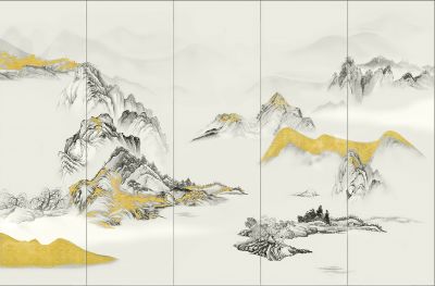 高清新中式亭台楼阁线条肌理<b>背</b><b>景</b><b>墙</b>壁画