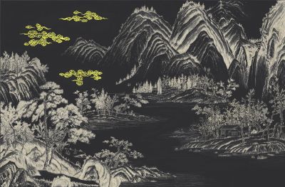 高清新中式亭台楼阁线条肌理<b>背</b><b>景</b><b>墙</b>壁画