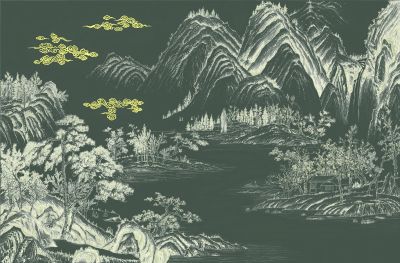 高清新中式亭台楼阁线条肌理<b>背</b><b>景</b><b>墙</b>壁画