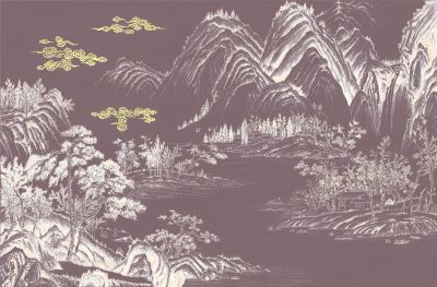 高清新中式亭台楼阁线条肌理<b>背</b><b>景</b><b>墙</b>壁画