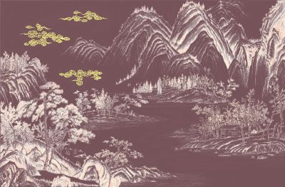 高清新中式亭台楼阁线条肌理<b>背</b><b>景</b><b>墙</b>壁画