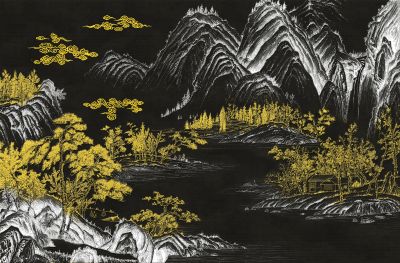 高清新中式亭台楼阁线条肌理<b>背</b><b>景</b><b>墙</b>壁画