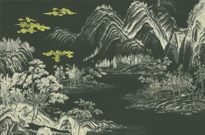 高清新中式亭台楼阁线条肌理<b>背</b><b>景</b><b>墙</b>壁画