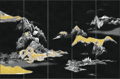高清新中式亭台楼阁线条肌理<b>背</b><b>景</b><b>墙</b>壁画