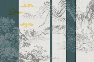高清新中式亭台楼阁线条肌理<b>背</b><b>景</b><b>墙</b>壁画