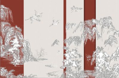 高清新中式亭台楼阁线条肌理<b>背</b><b>景</b><b>墙</b>壁画