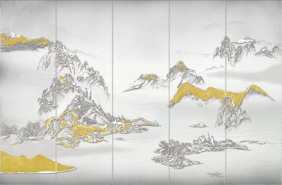高清新中式亭台楼阁线条肌理<b>背</b><b>景</b><b>墙</b>壁画