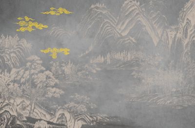 高清新中式亭台楼阁线条肌理<b>背</b><b>景</b><b>墙</b>壁画