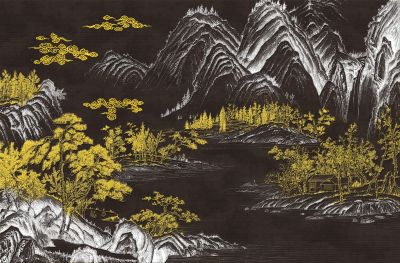 高清新中式亭台楼阁线条肌理<b>背</b><b>景</b><b>墙</b>壁画